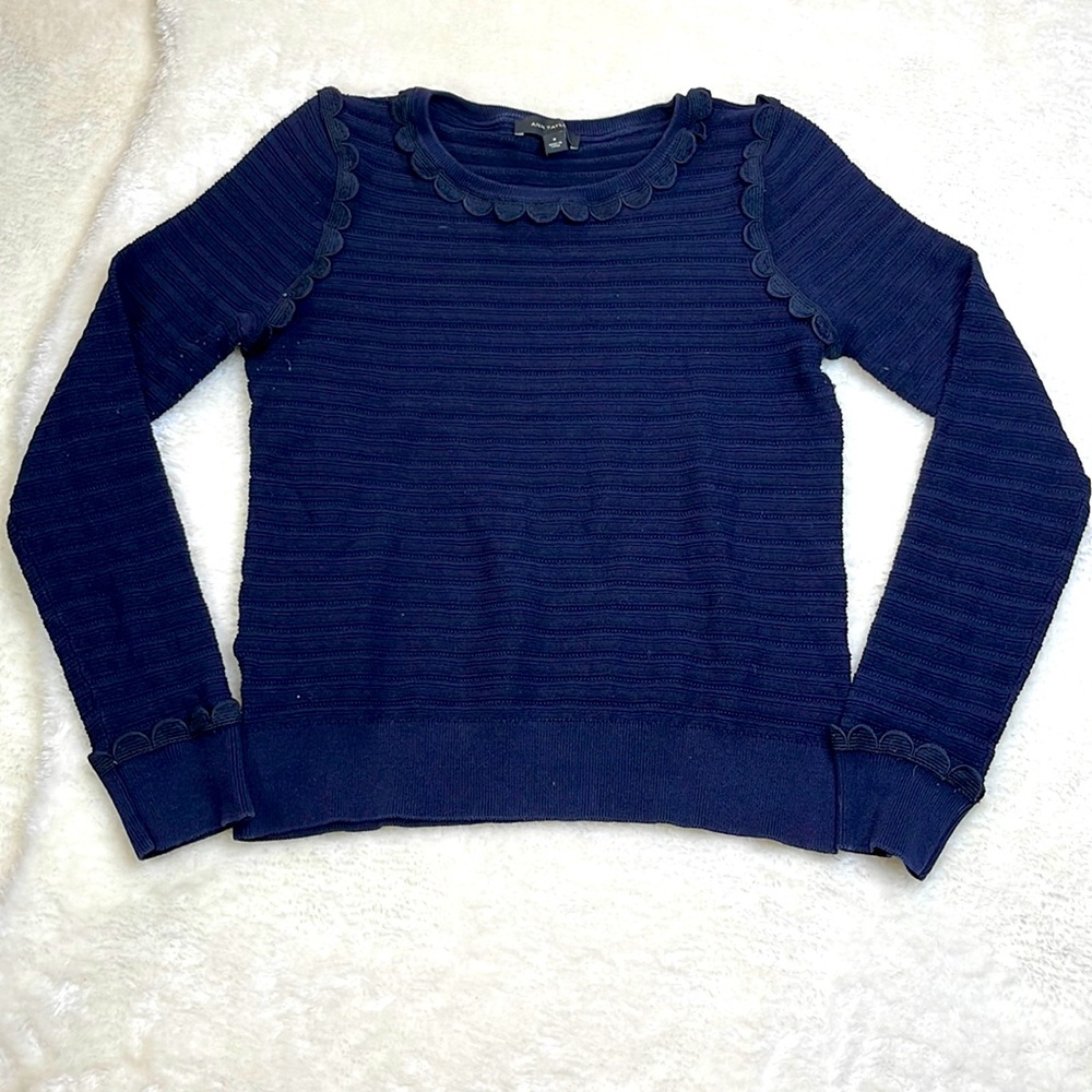 Ann Taylor Scalloped Trim Silk Blend Navy Sweater Size Medium